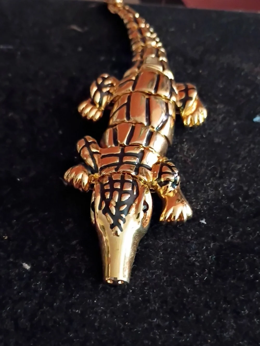 Gold and Black Crocodile Brooch Pin by